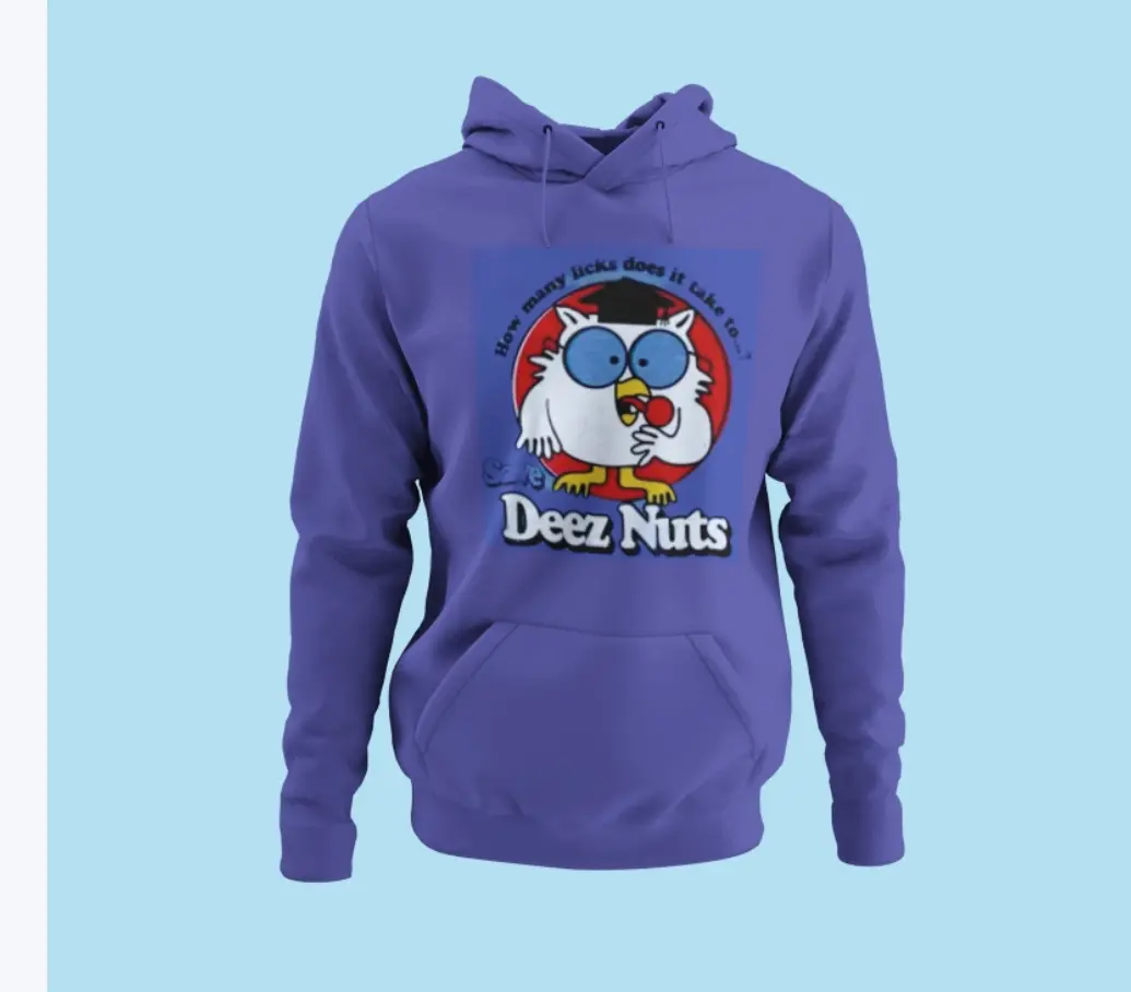 A purple hoodie with the words deez nuts on it.