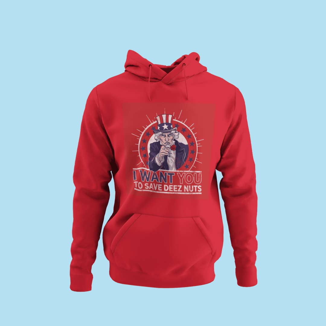 An Uncle Sam Hoodie with an image of a man riding a bike.