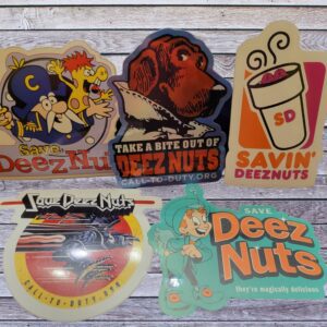 A collection of stickers featuring beloved cartoon characters and Save Deez Nuts Stickers perfect for adorning your laptop.