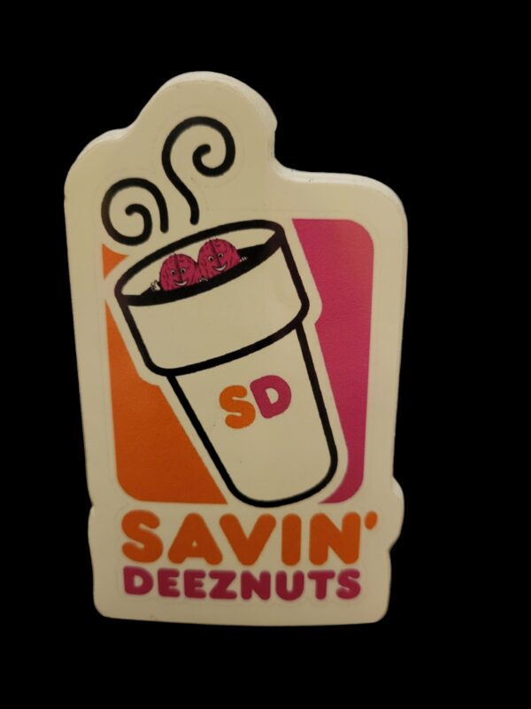 Save Deez Nuts Stickers logo on a black background with laptop stickers.
