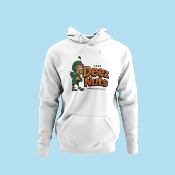 A white Feeling Lucky? Hoodie with the words "dee nuts" on it, promoting testicular cancer awareness.